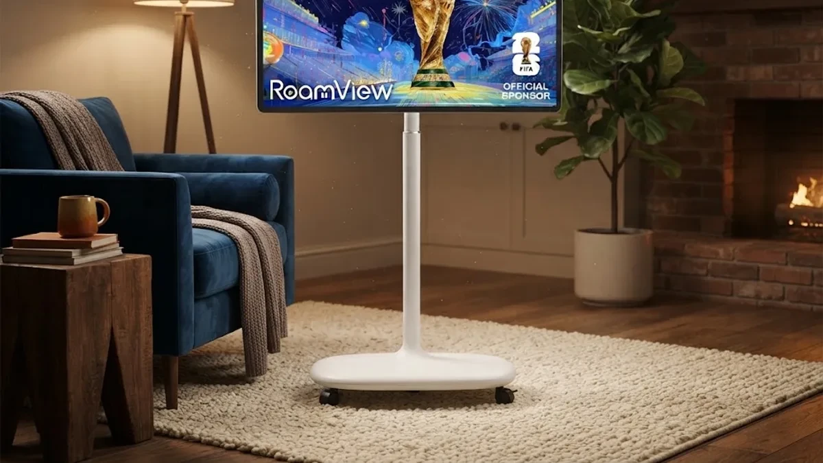 Hisense RoamView 32-inch mobile display on a rolling stand