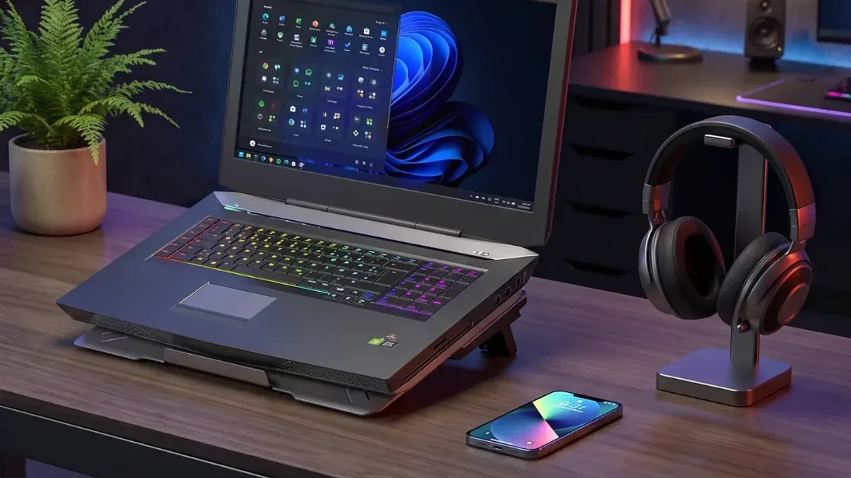 The Portronics AeroDock Ultra laptop cooling pad featuring silver metal finish and RGB lights.