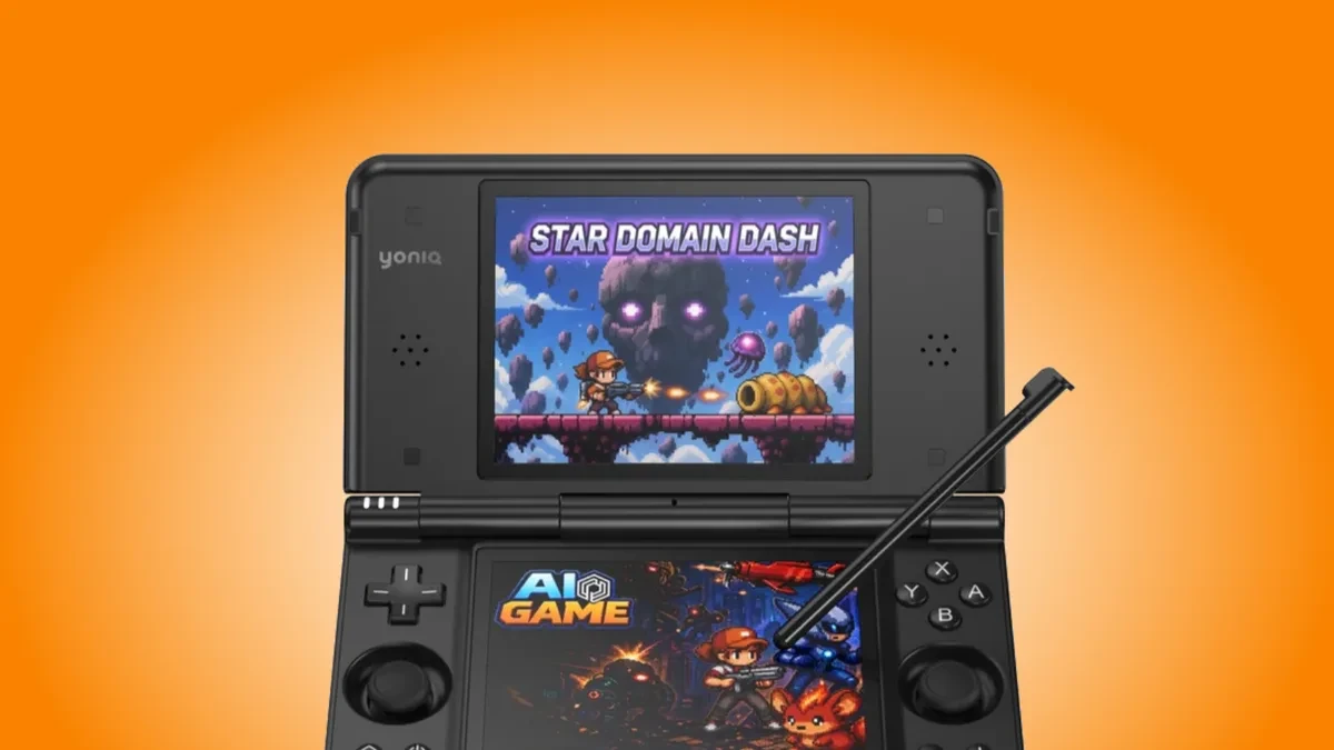 Yoniq Duo dual screen gaming handheld showing dual analog joysticks and secondary display