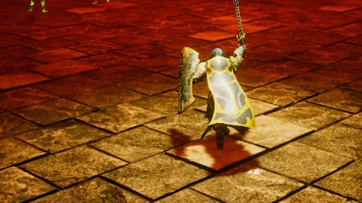 Gameplay screenshot of the roguelite dungeon crawler Don't Lose Aggro showing a tank character engaging enemies.