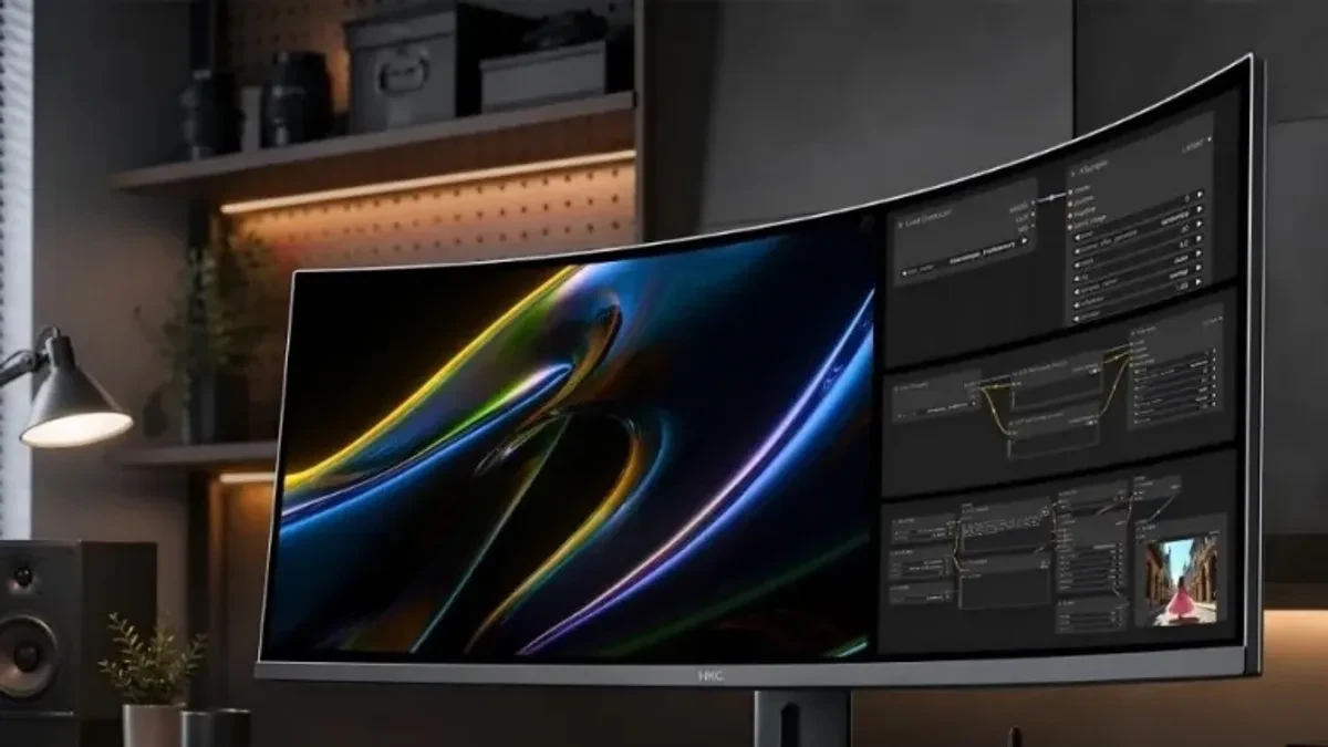 The HKC Apocalypse 43H180C gaming monitor showing a high-resolution wide desktop interface