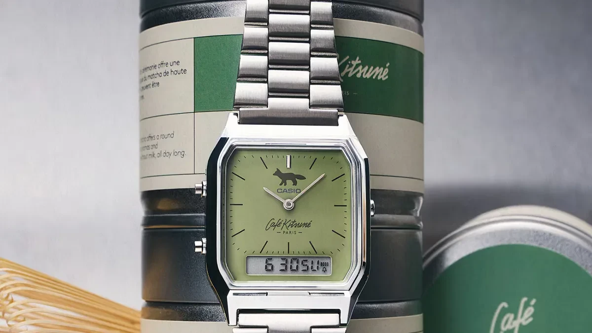 Casio x Café Kitsuné AQ-230ECK-3A retro watch featuring a pale matcha green dial and stainless steel bracelet
