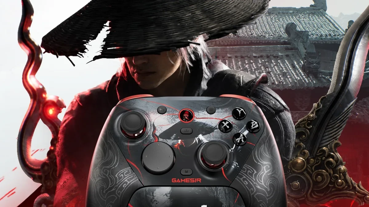 GameSir G7 Pro 8K PC Phantom Blade Zero Edition controller showing the purple metallic finish and protagonist artwork.