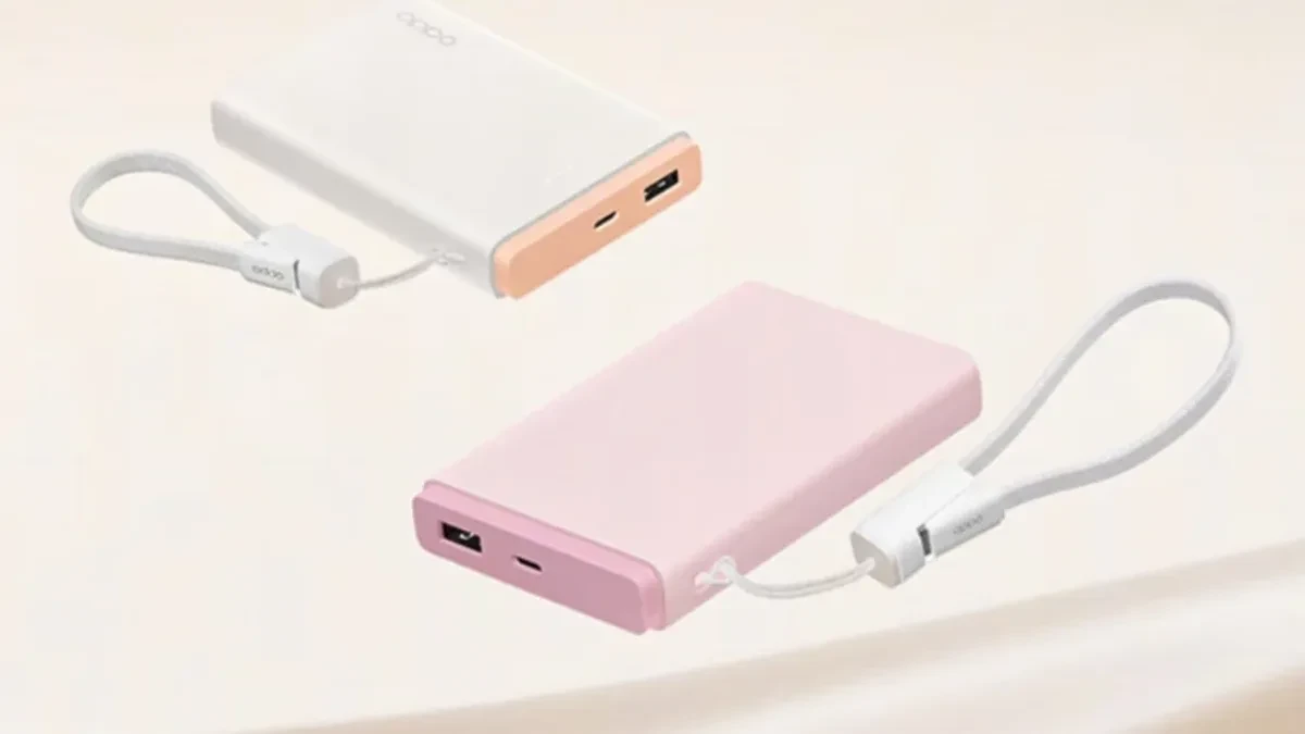 Oppo 33W Pocket Charge power bank showing multiple USB ports and compact design