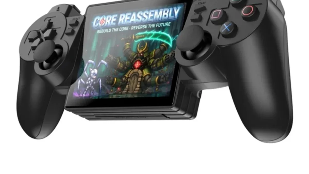 The Yoniq Portal handheld gaming device featuring a DualShock 2 controller aesthetic.
