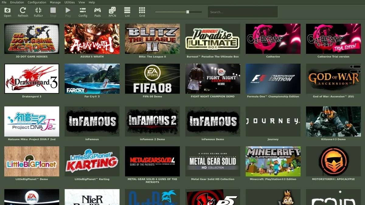 The RPCS3 emulator interface featuring the new retro Steam-inspired skin with army green colors and text-heavy menus.