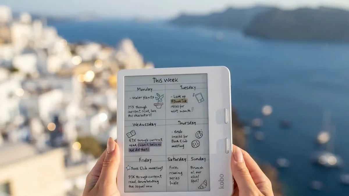 Kobo e-reader displaying digital book content on a desk