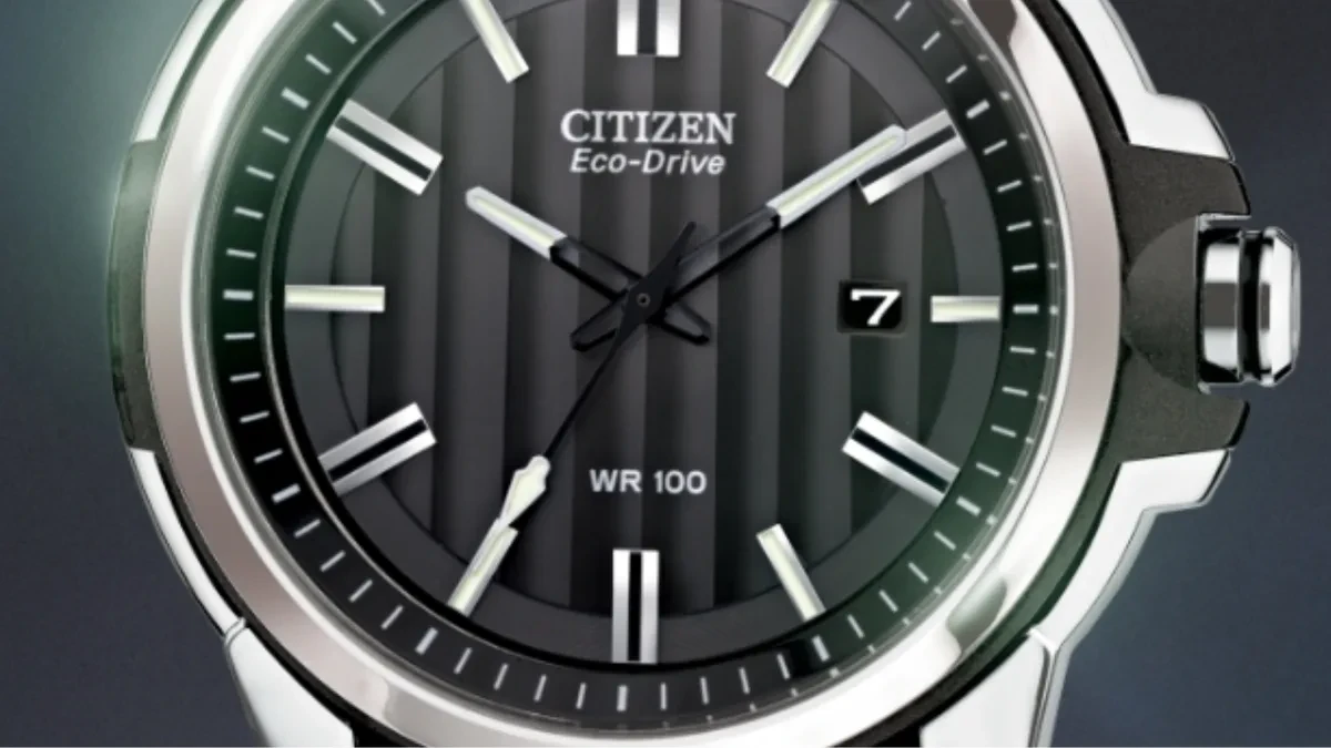 Citizen Eco-Drive Weekender AW1150-07E watch with a black dial and polyurethane strap