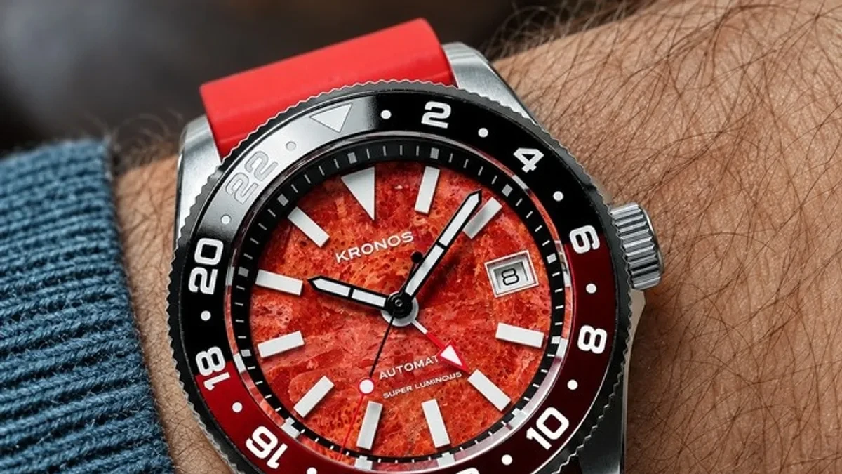 Kronosti Strata GMT watch featuring a titanium case and natural stone dial
