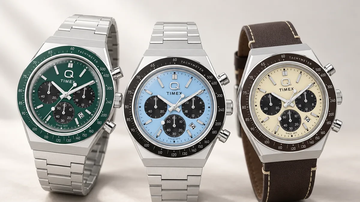Collection of new Q Timex Chronograph watches featuring green, ice-blue, and khaki dial variants