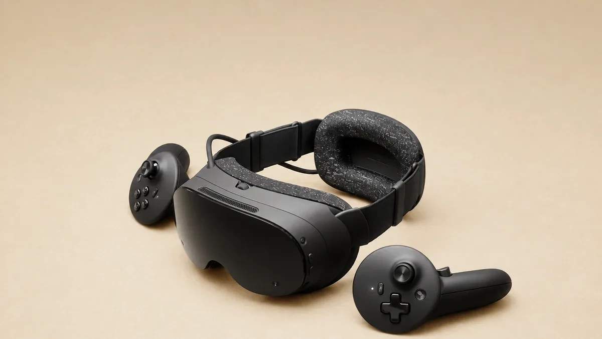 The Steam Frame VR headset showing its controllers and compact design
