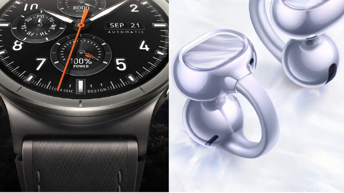 Vivo Watch 6 smartwatch featuring sapphire glass alongside Vivo Buds Clip open ear earbuds teaser image