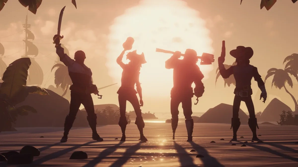 A crew of players coordinating on a ship deck in Sea of Thieves while facing a massive storm at sea.