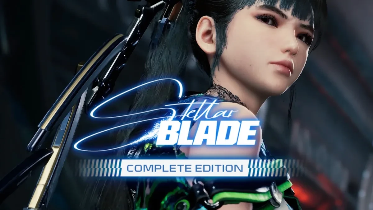 Stellar Blade game promotional artwork on a handheld gaming device