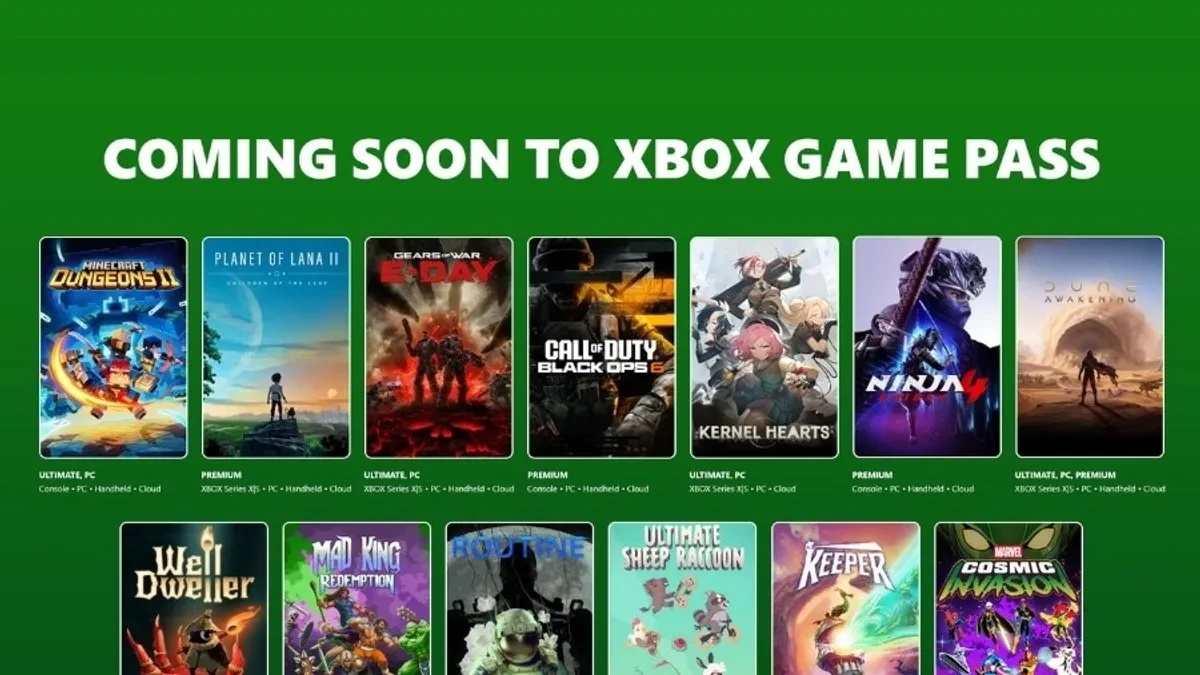 Xbox Game Pass lineup showing 13 arriving games and eight titles leaving the subscription service