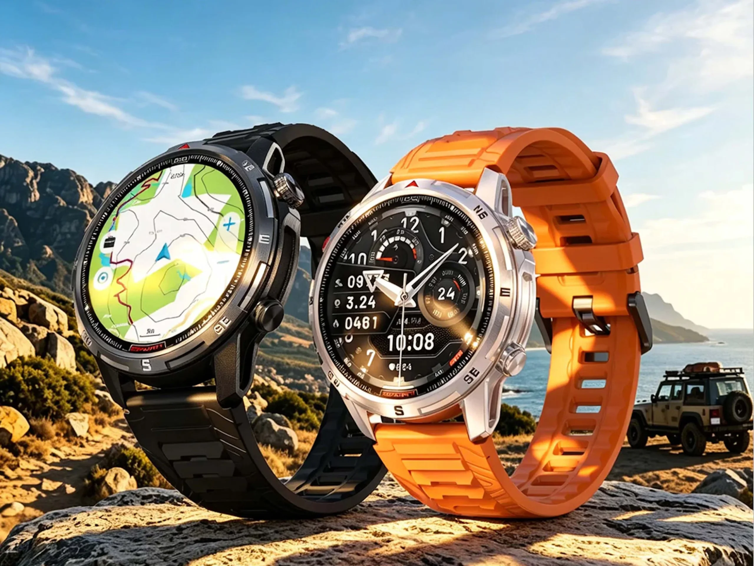 Rogbid GeoX2 smartwatch showing offline maps and water resistance features