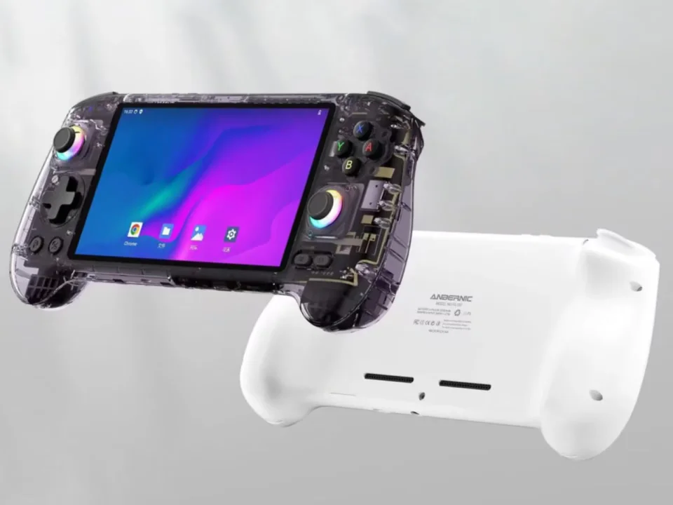 Anbernic RG557 handheld with AMOLED display and 8GB RAM