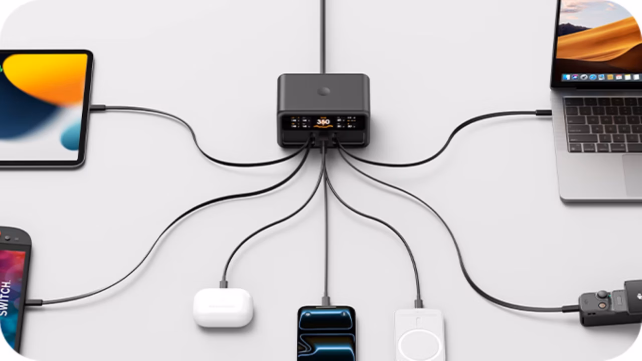 Charging station for 7 devices and 4 batteries with touchscreen and wireless pad