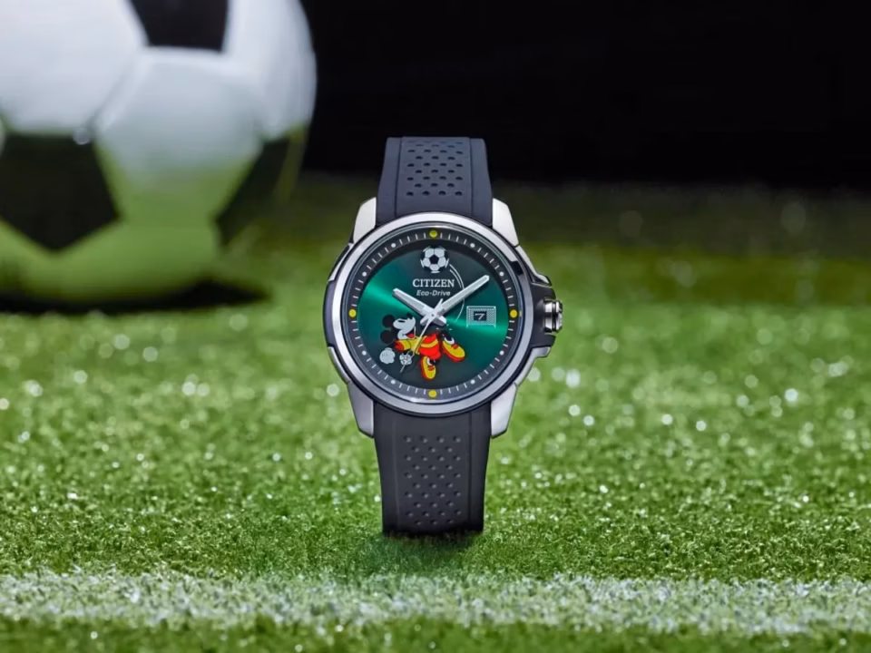 Citizen EcoDrive Mickey Mouse Goalie watch with soccer-inspired design