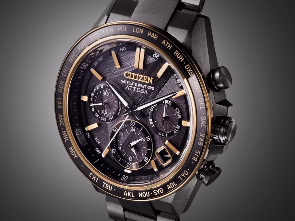 Citizen Light in Black collection watch with textured dial and black and gold design