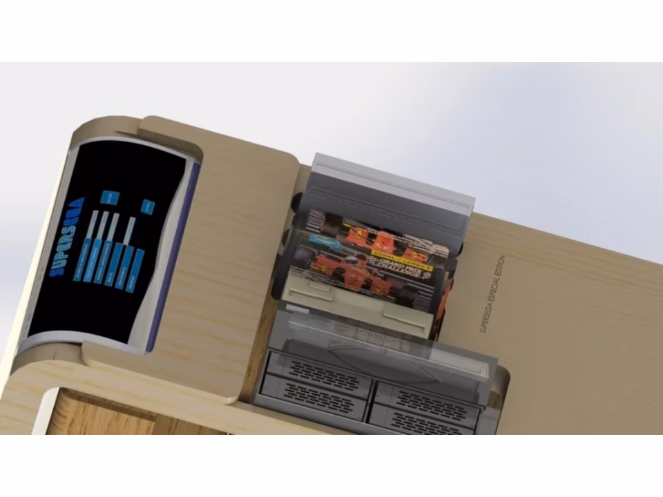 SuperSega V3 wooden PC with Sega cartridge support and curved AMOLED display