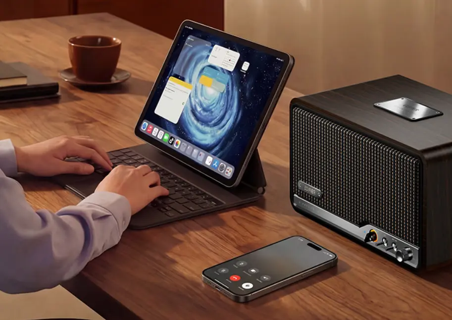 Edifier S260 showing Bluetooth 5.4, AirPlay 2, and wired input options