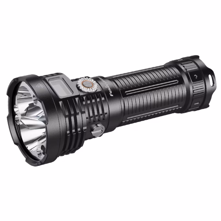 Fenix LR50R V2.0 flashlight showing OLED display and high-lumen output