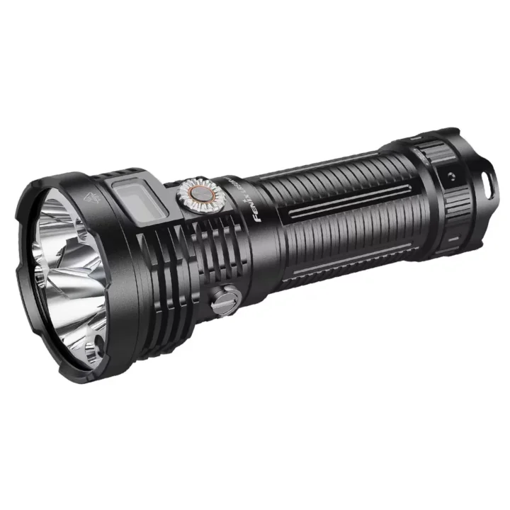 Fenix LR50R V2.0 flashlight showing OLED display and high-lumen output