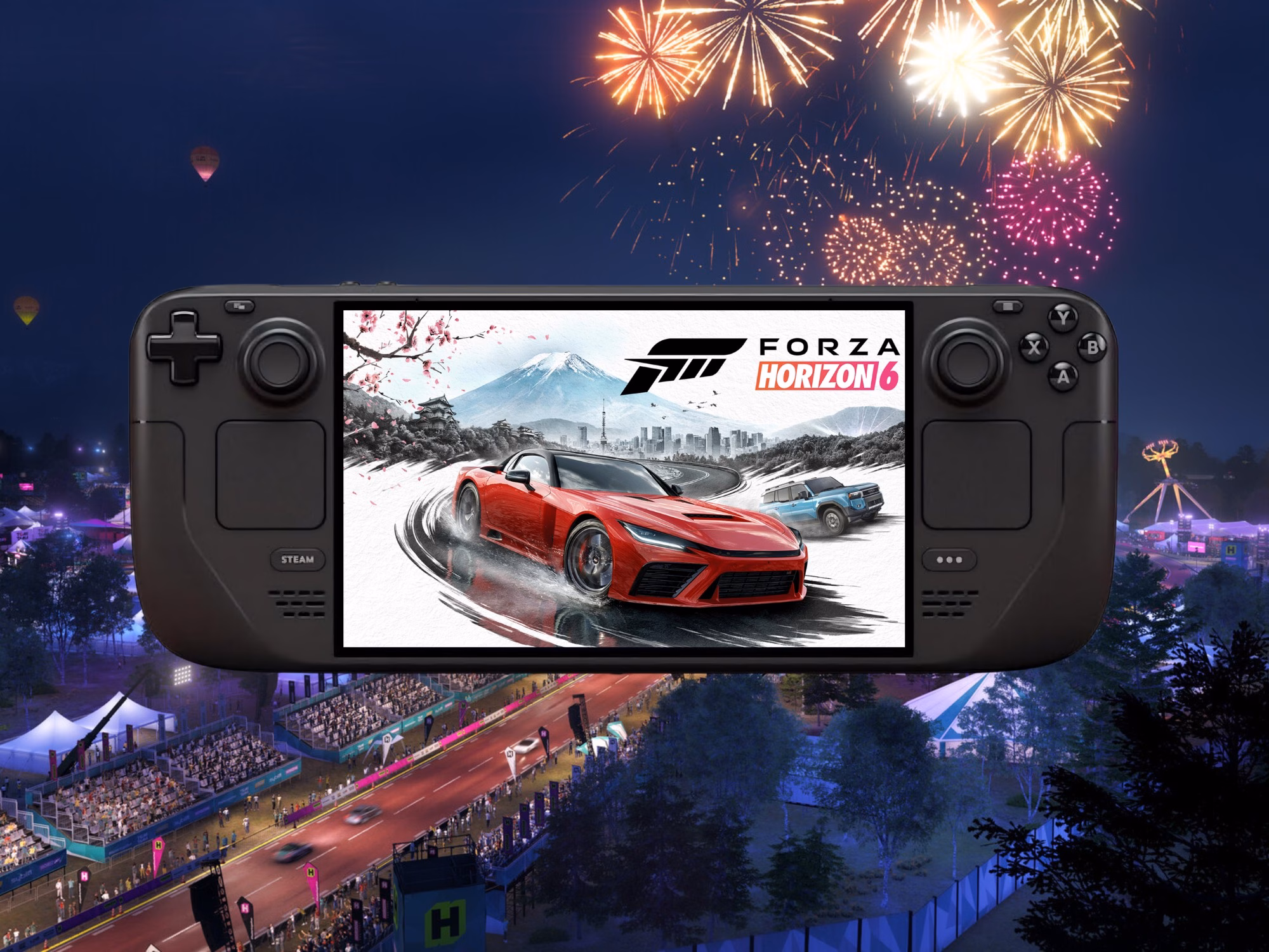 Forza Horizon 6 running on Steam Deck Valve handheld gaming device