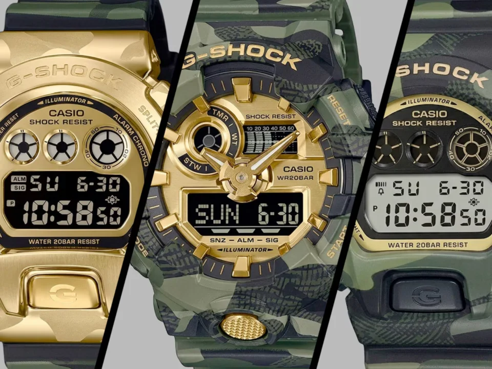 Casio G-Shock Camo and Gold watch collection with green camouflage and gold accents