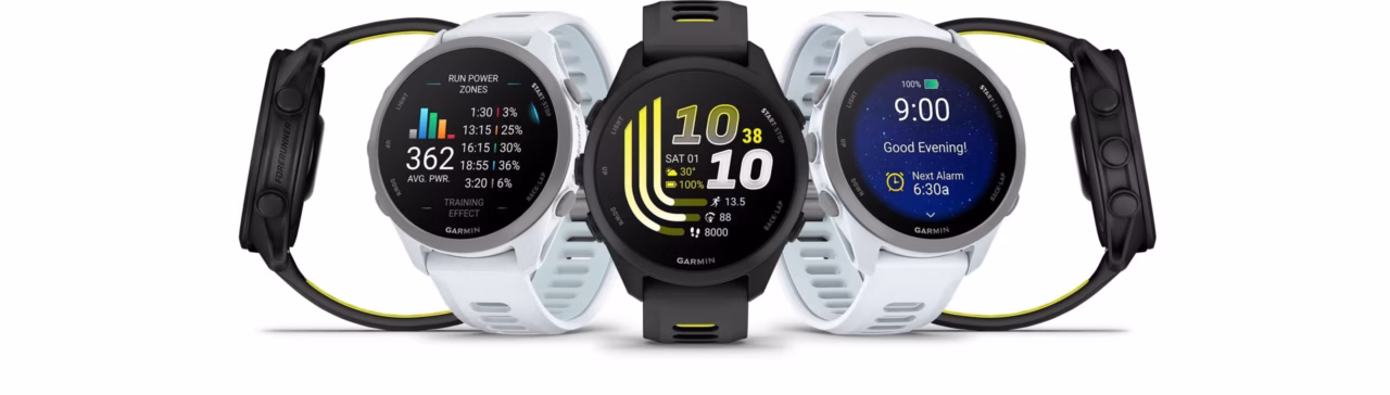 Garmin Forerunner 70 and 170 GPS running watches showing training metrics on display