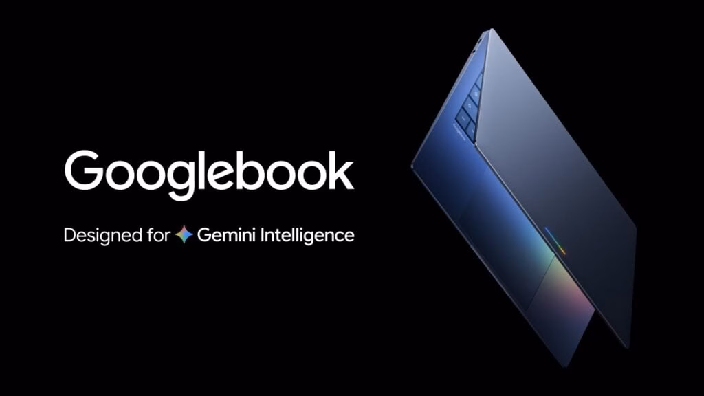 Googlebook laptop displaying Android OS with Gemini AI features