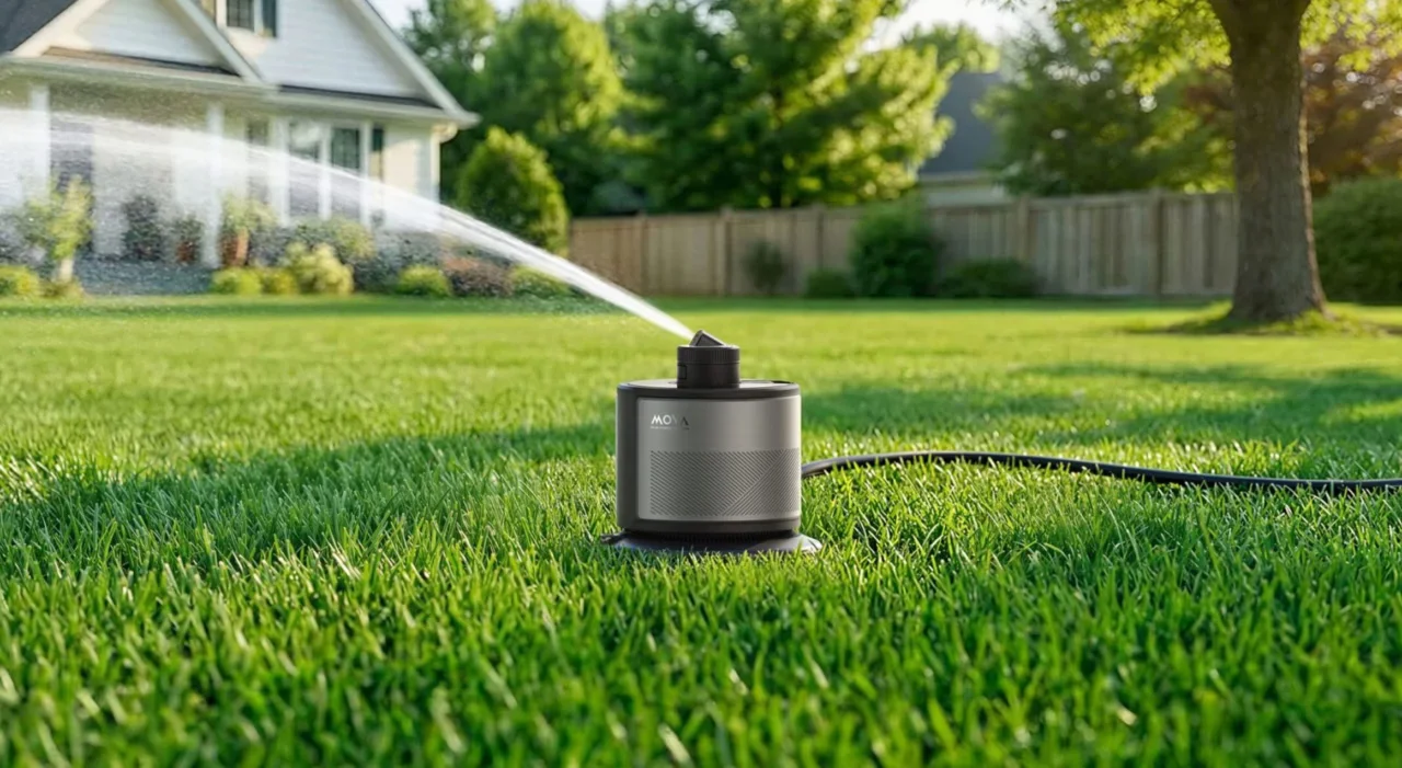 Mova L10 smart sprinkler with solar-powered battery watering garden area