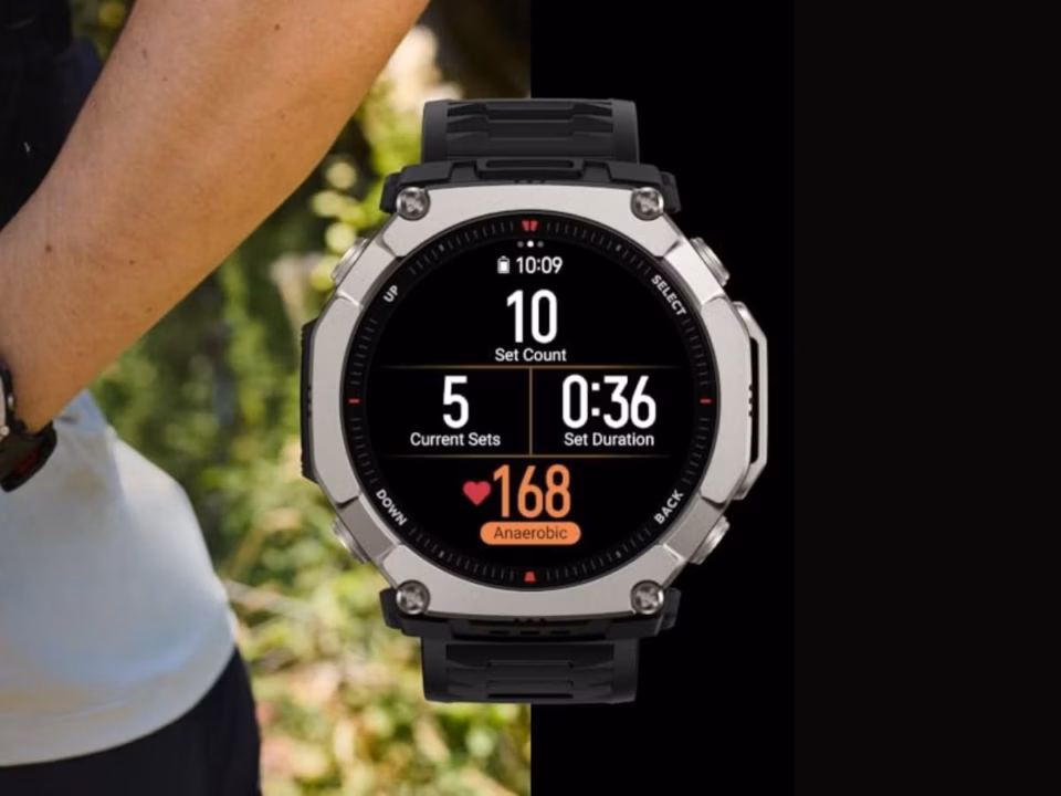 Amazfit T-Rex Ultra 2 smartwatch displaying heart rate zone during workout