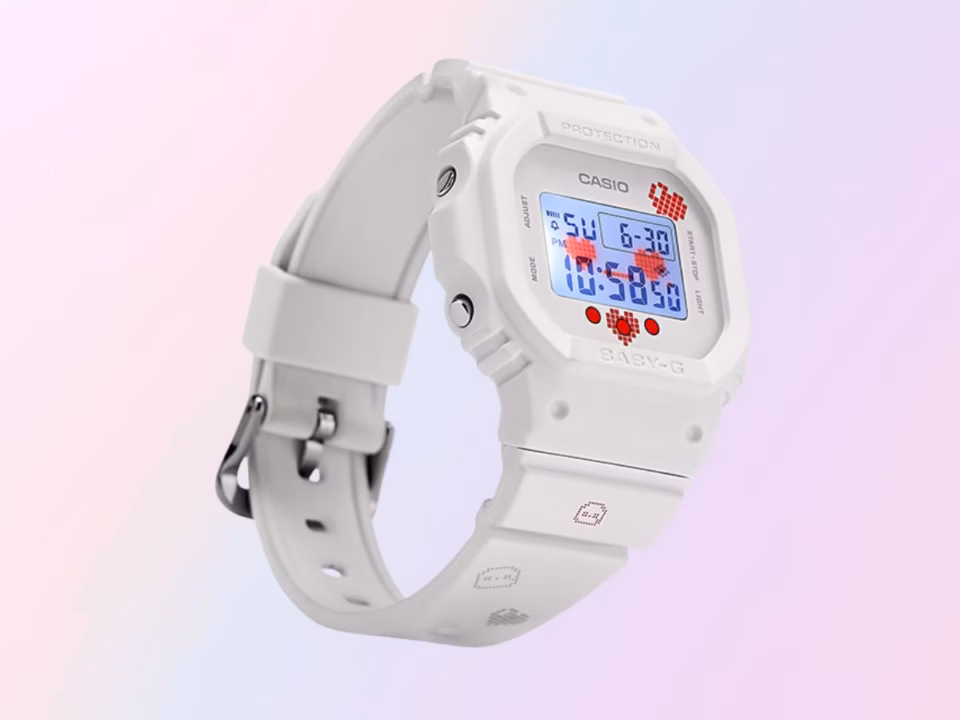 Casio digital watch with square display and pixel art strap