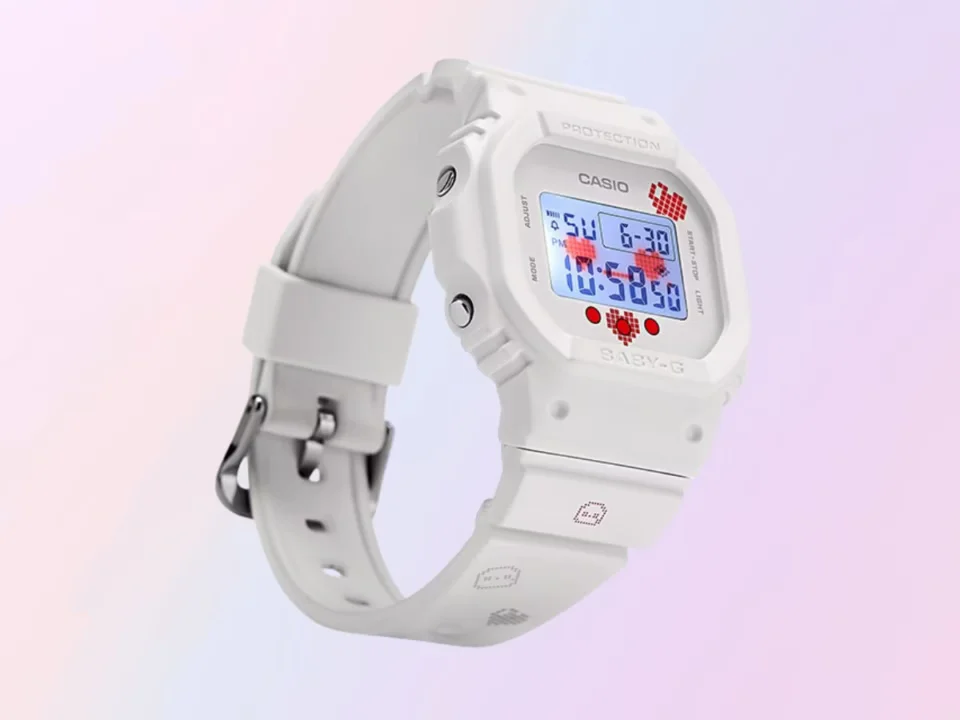 Casio digital watch with square display and pixel art strap