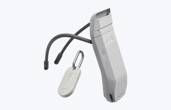 Sony Reon Pocket Pro Plus wearable AC resting on a user's neck