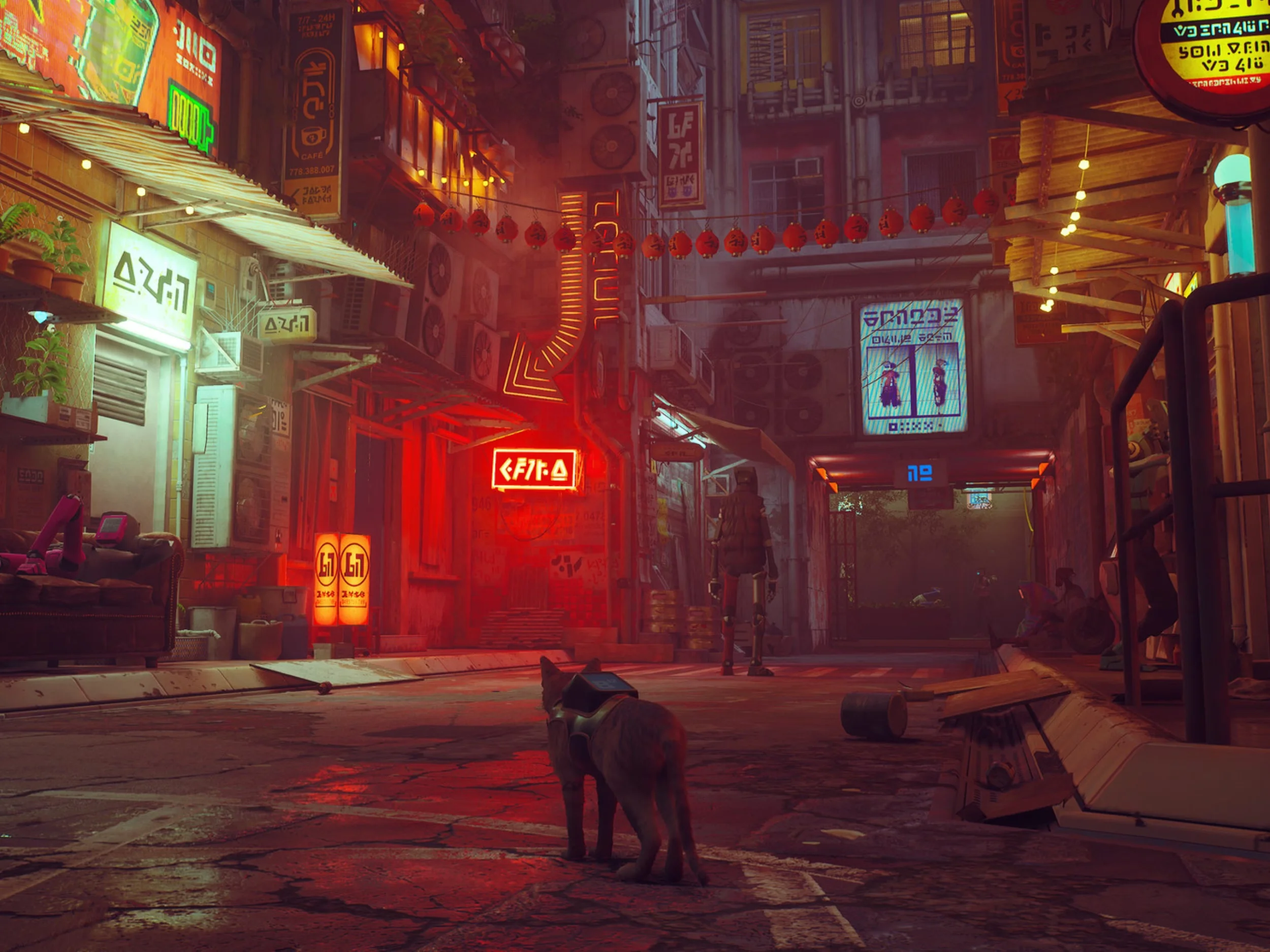 Stray game neon cyberpunk city with orange cat protagonist
