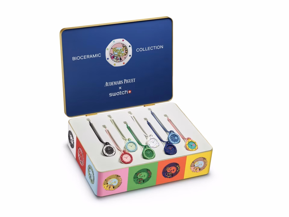 Swatch x Audemars Piguet Royal Pop pocket watch in multiple vibrant colors
