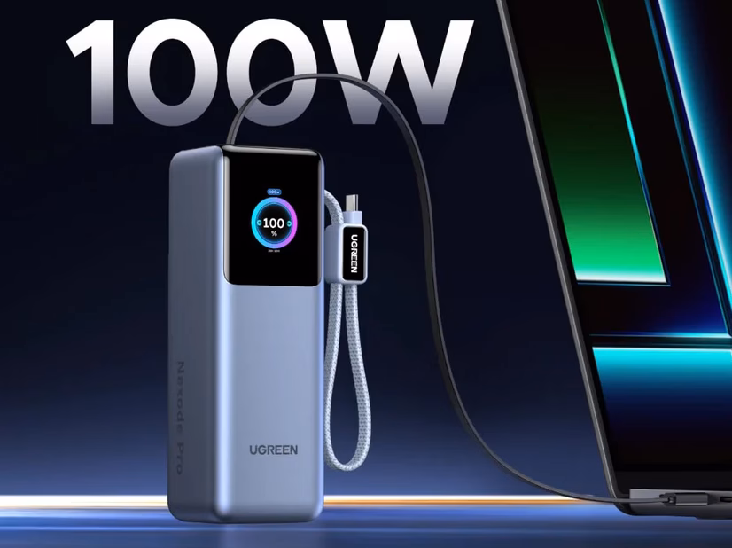 Front view of Ugreen 25,000mAh 200W power bank with smart display
