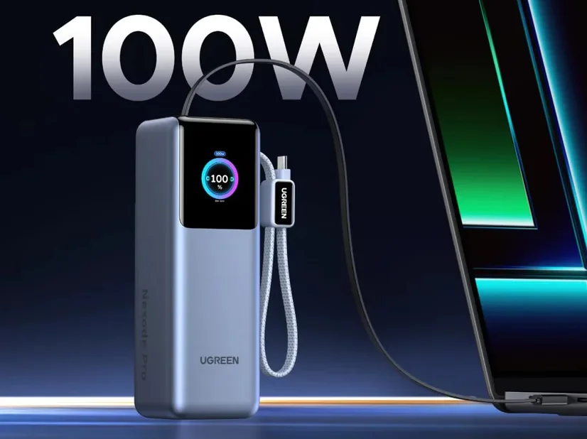 Front view of Ugreen 25,000mAh 200W power bank with smart display