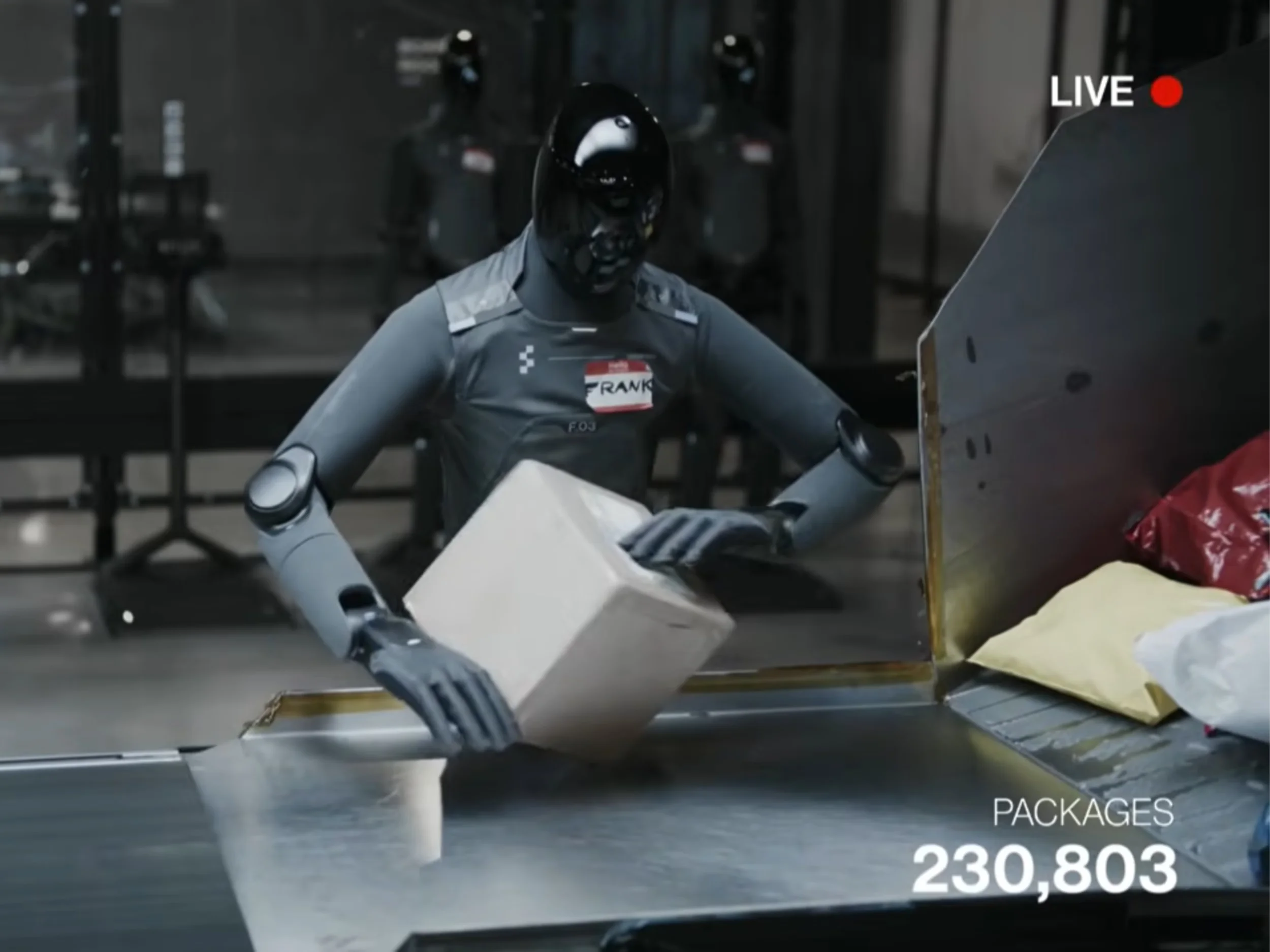 Figure AI 03 humanoid robot sorting parcels livestream