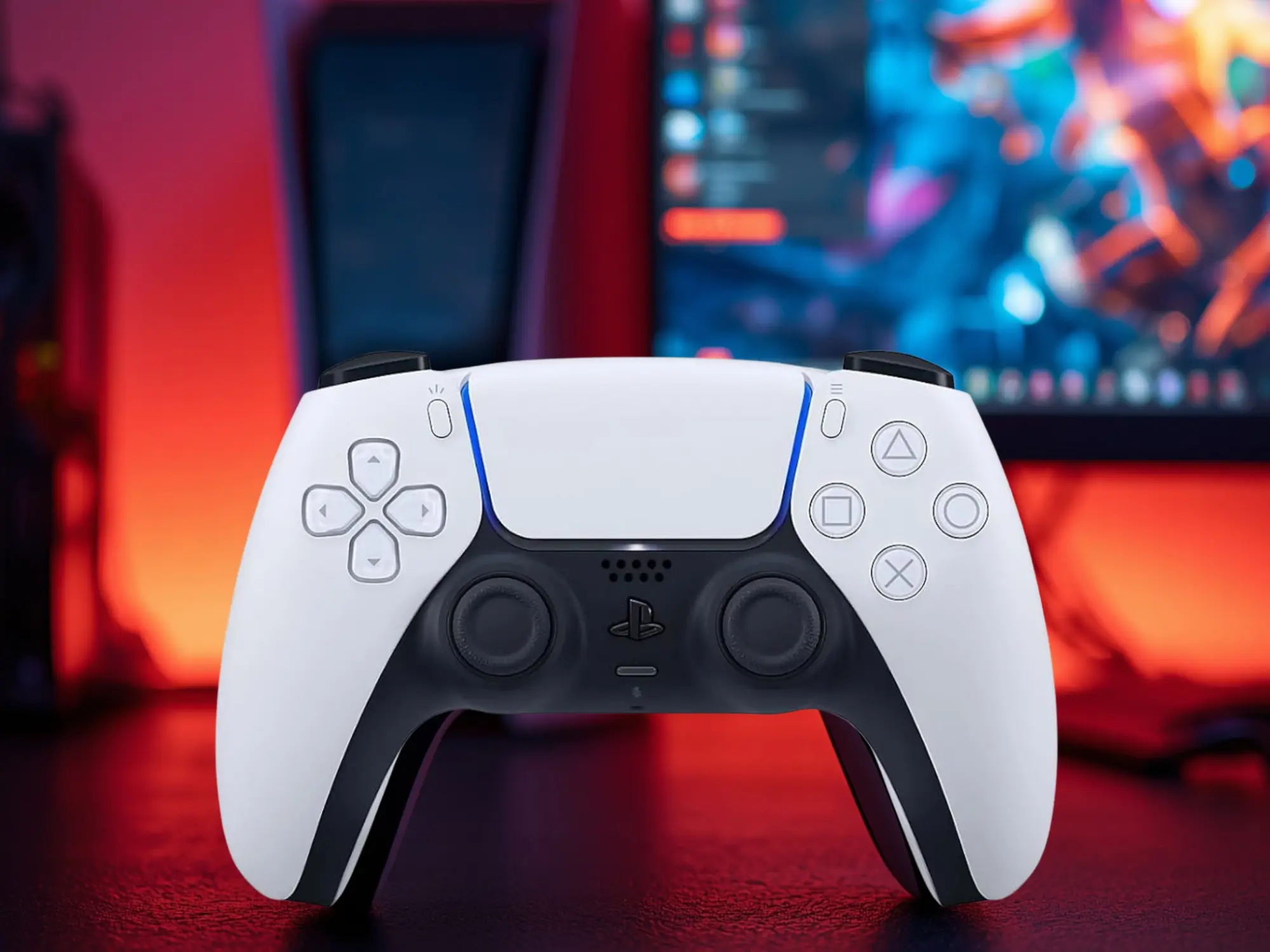 A PlayStation DualSense controller placed in front of a PC monitor