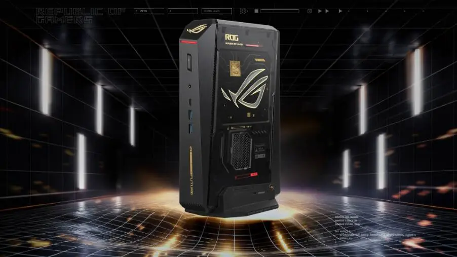 Asus rog nuc 16 edition 20 packs rtx 5090 graphics in a console sized pc Asus ROG NUC 16 Edition 20 anniversary gaming PC with transparent side panels and gold accents