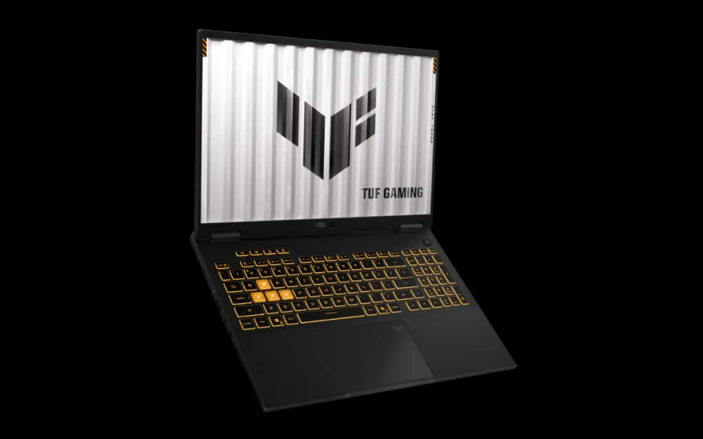 asus tuf gaming 16 2026 update brings quiet cooling and powerful intel nvidia hardware Asus TUF Gaming 16 2026 gaming laptop with black finish and flat hinge