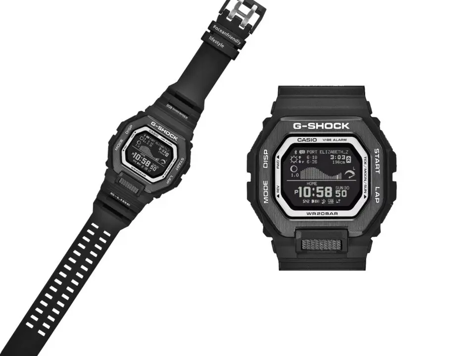 Casio G-Lide GBX100SFJ-1 stealthy all-black surf watch with eco-friendly biomass plastic case and band