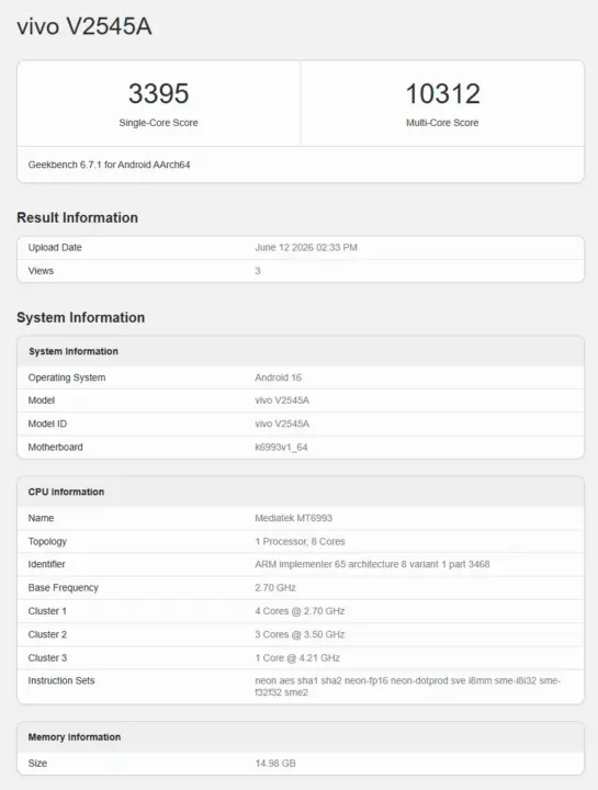 iQOO Neo 11S geekbench listing showing new MediaTek Dimensity 9500 chip
