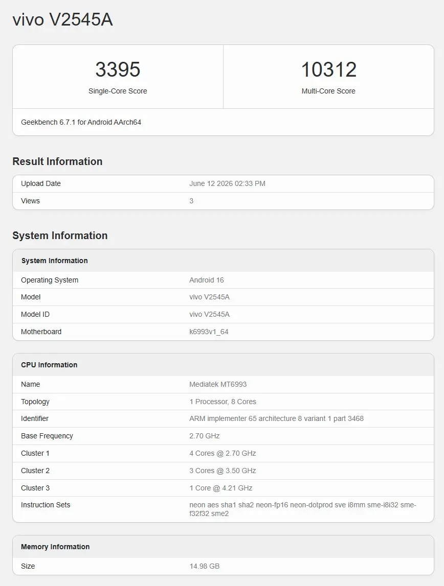 New Vivo Phone With Dimensity 9500 Chip Appears On Geekbench Database New Vivo Phone With Dimensity 9500 Chip Appears On Geekbench Database