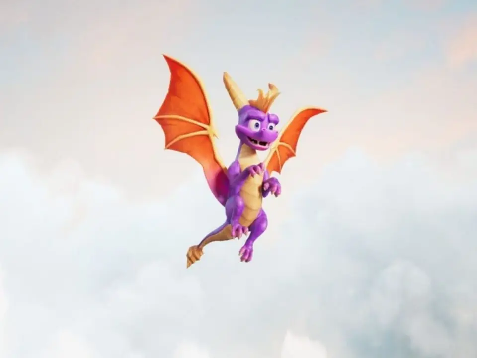Spyro: A Realm Beyond screenshot showing happy Spyro the Dragon flying