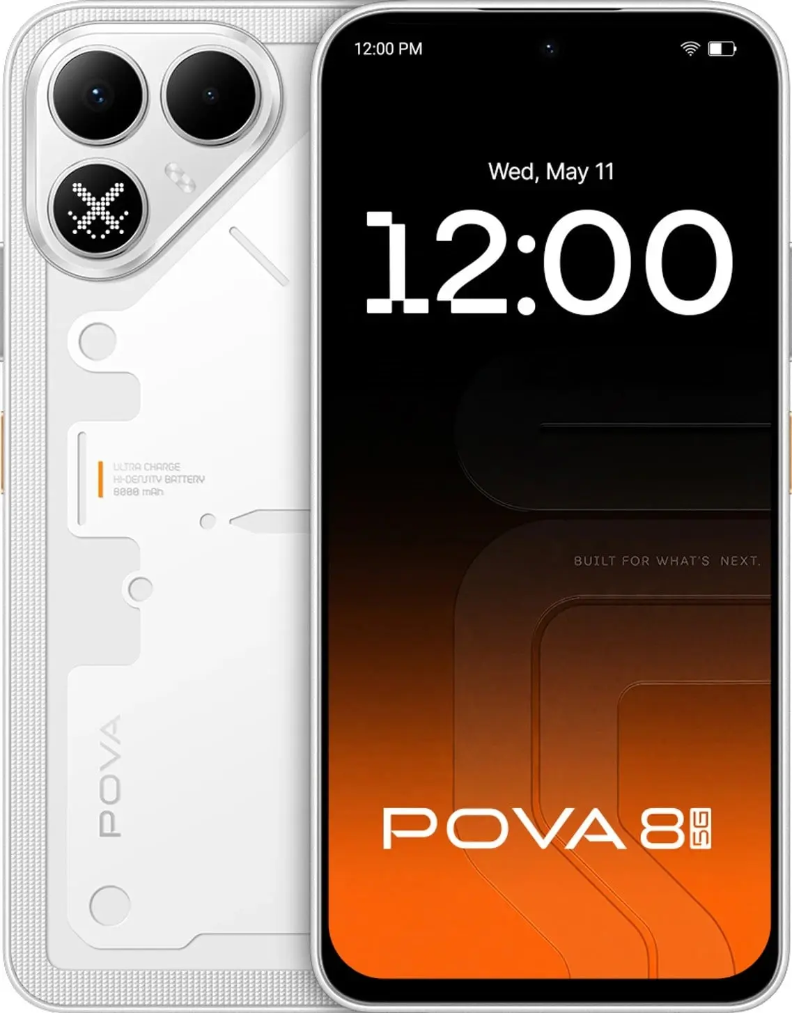 Tecno Pova 8 5G smartphone in white color with large display and sleek design